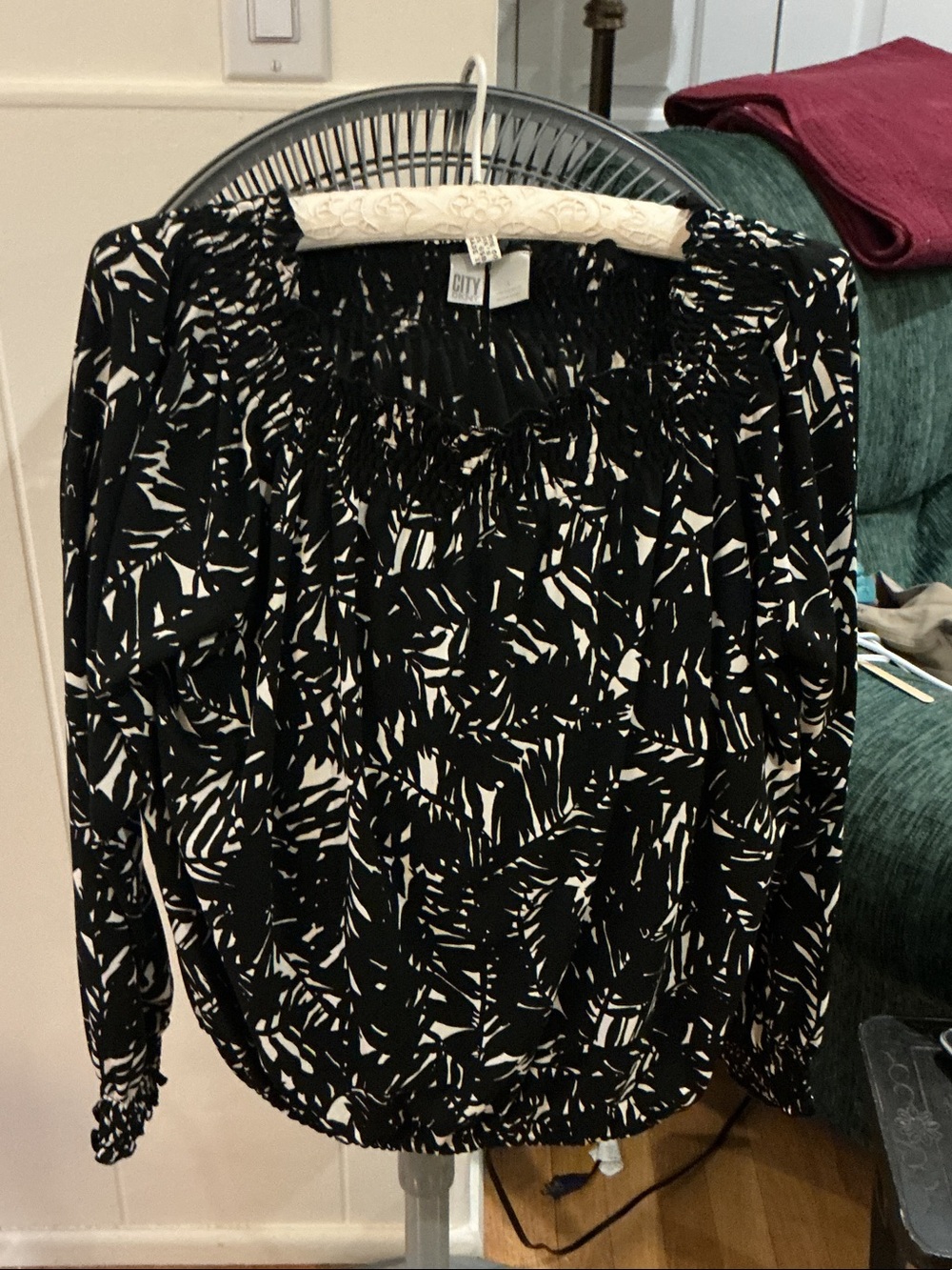 DKNYC Black & White Printed Smocked-Neck Long Sleeve Top